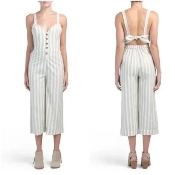 Japna Wide Leg Cropped Jumpsuit w/ Back Cutout and bow green & white size M - Picture 2 of 16